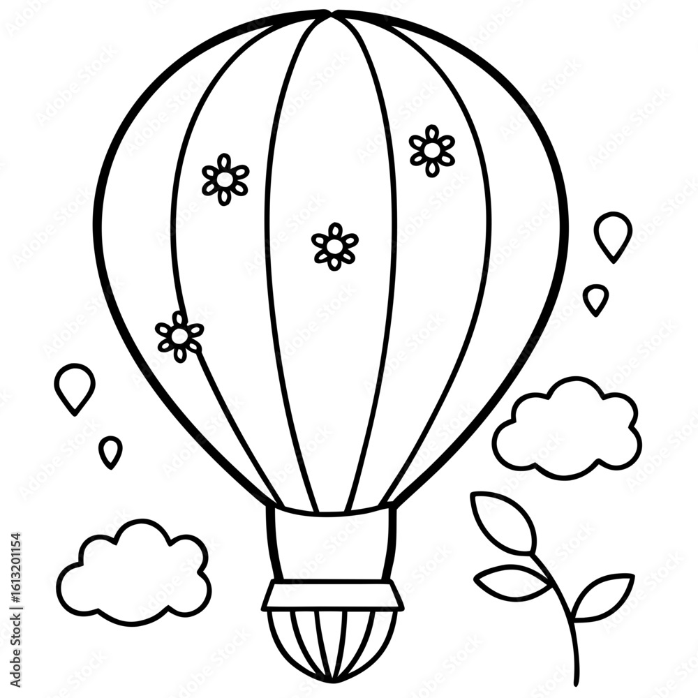 Obraz premium Colorful hot air balloon floating among clouds and flowers 