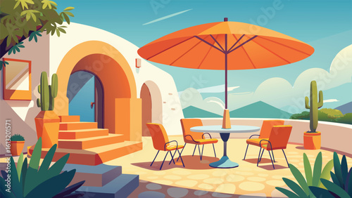 Charming mediterranean courtyard with an orange umbrella table and chairs, cacti, and arched doorways bathed in warm sunlight with distant mountains