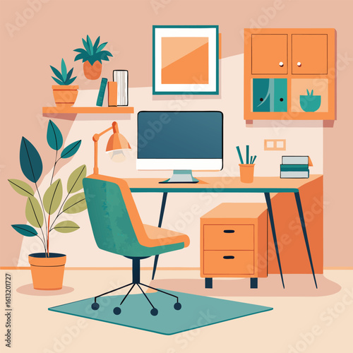A modern and cozy home office setup featuring a desk with a computer a comfortable chair plants and storage perfect for remote work or study