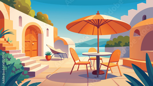 Charming mediterranean courtyard with a table and chairs under an umbrella overlooking a serene blue sea and distant mountains on a sunny day