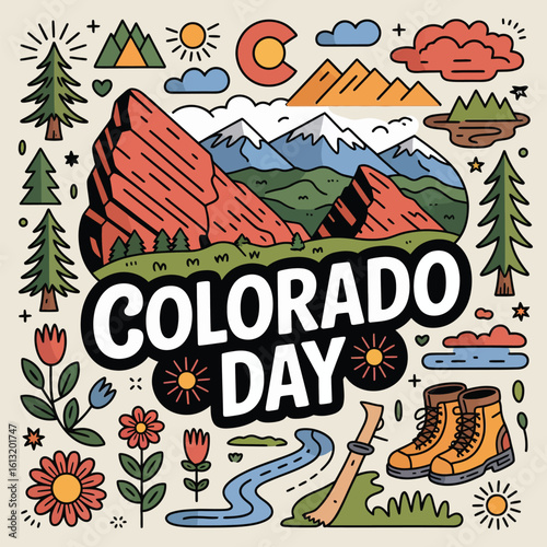  Colorado Day, state celebration, vector illustration, hand-drawn, mountains, pine trees, state flag, wildflowers, hiking boots, rivers, snow peaks, skis, tents, hot springs, 
