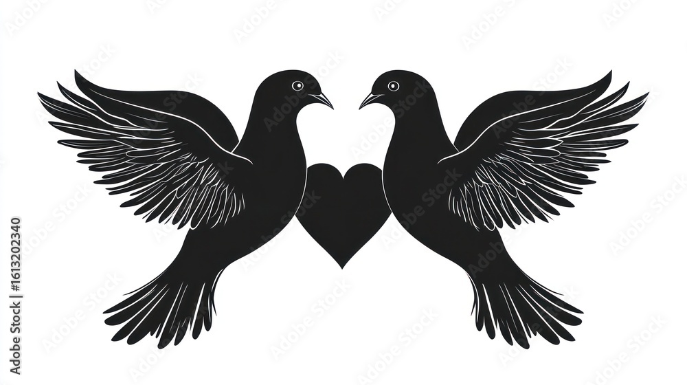 Obraz premium Two doves in flight, heart symbol, love, peace, symmetrical design, for romantic use