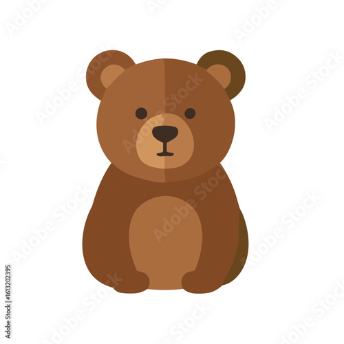 Cute cartoon brown bear illustration, simple flat design, sitting still.
