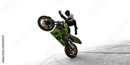 Foto Moto stunt riding biker isolated on white background.