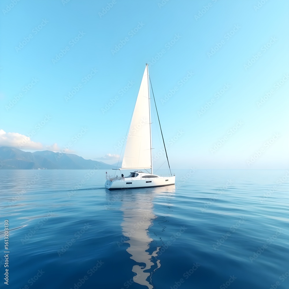 Naklejka premium Serene Sailing Yacht on Calm Ocean Waters Under a Clear Blue Sky