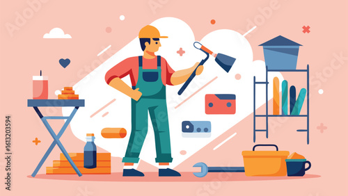 a handyman in overalls holding tools surrounded by workshop items and decor elements