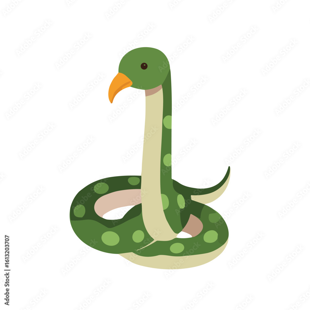 Fototapeta premium Cartoon illustration of a coiled, green snake with orange beak.