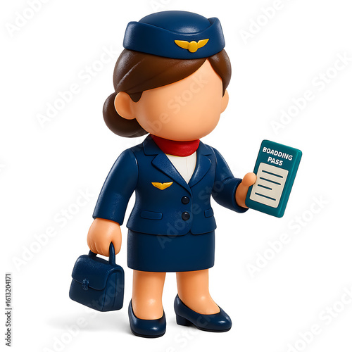 style female flight attendant holding boarding pass and handbag in cartoon airline uniform