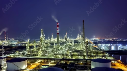 Industrial Plant Emitting Smoke at Night in Brightly Lit Factory Scene