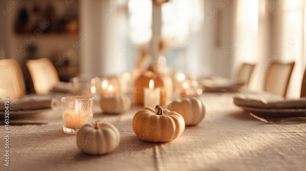 Obraz premium A beautifully arranged Thanksgiving table, adorned with pumpkins and lit candles.