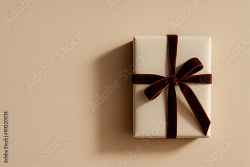 single christmas kraft paper-wrapped gift box with a velvet ribbon