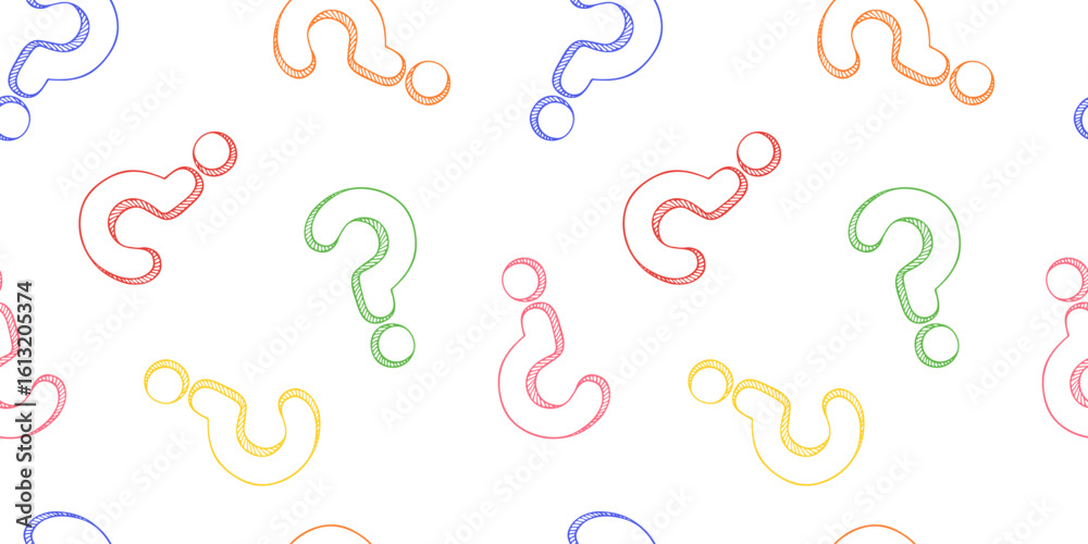 Fototapeta premium Question mark colorful outline drawing in sketch style seamless pattern on white background. Customer service, presentation, conversation, communication, faq help concept