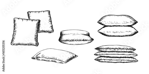 Pillow collection - hand-drawn outline illustrations. Sketch drawing of cushions, home textiles, bedding elements. Bedroom items, comfortable home, hotel decor. Vector line art clipart, isolated