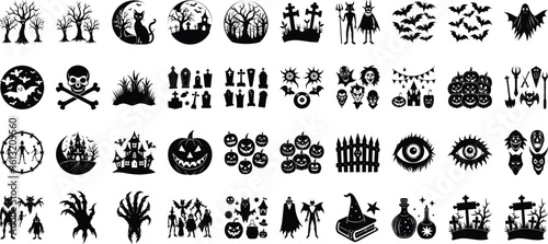 Set of  Halloween design elements on transparent background.