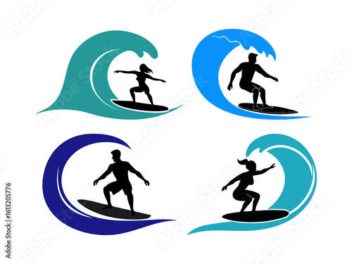 Silhouette of a surfer riding a wave on a surfboard water sport designs