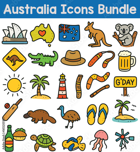 Set of Colorful Australia icons. Doodle style icon vector bundle.eps