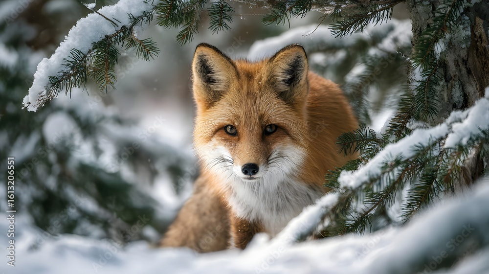 Fototapeta premium A red fox peering through snowy tree branches in a serene winter landscape, showcasing its beauty