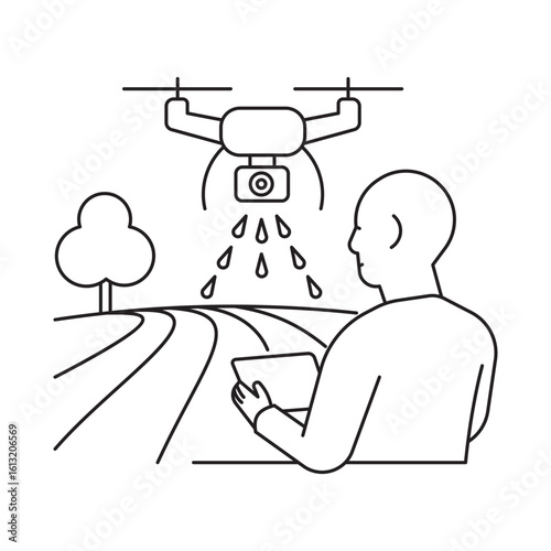 Outline of person using drone to spray crops on a field. Concept of smart farming, agri-tech, and agricultural automation.