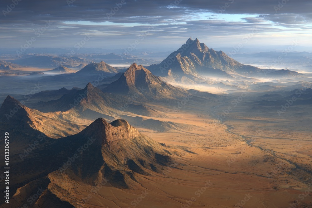 Naklejka premium Vast, desert landscape with rugged, mountain peaks. Sunrise or sunset light