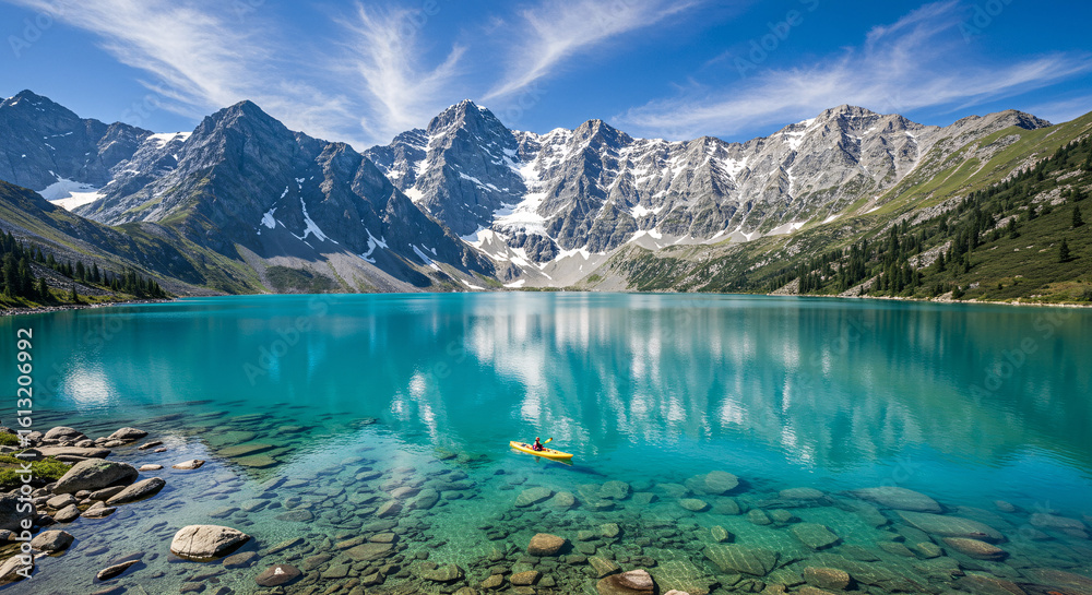 Naklejka premium Epic panoramic landscape of a kayaker on a crystal clear turquoise alpine lake. A concept of adventure travel, freedom, and exploring a pristine mountain wilderness with snow-capped peaks.