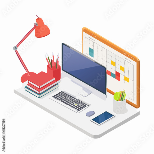 Isometric illustration of a modern office workspace with a computer, calendar, and desk lamp.