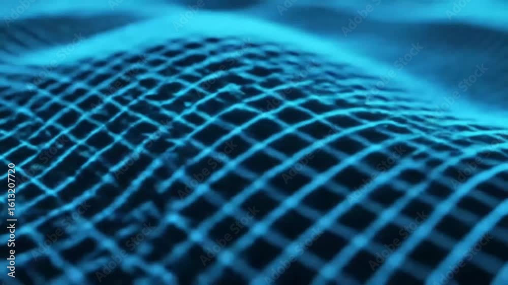 Abstract blue grid pattern undulates across the image, creating a textured surface.