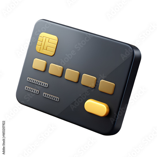 Modern black credit card with gold accents isolated on transparent background