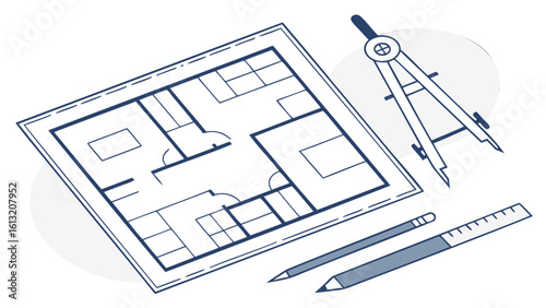 an architectural blueprint with a compass, ruler, and pencil on a light background