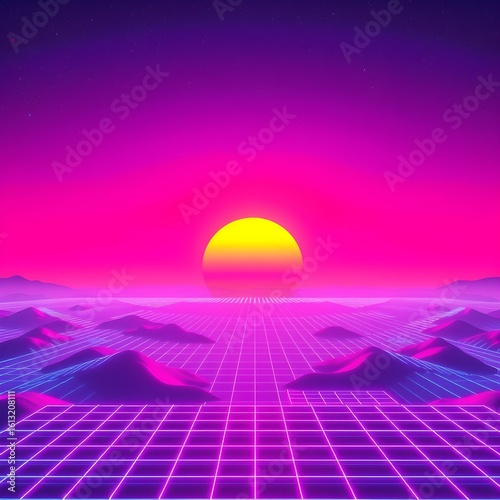 Wallpaper Mural Synthwave sunset over a gridded, futuristic landscape. Torontodigital.ca
