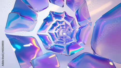Abstract iridescent crystal tunnel with glowing geometric patterns and light refraction