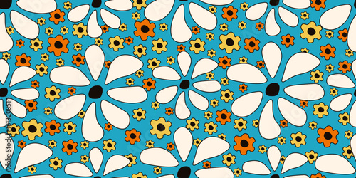 Folk dress print. Vector illustration of simple doodle Summer flowers seamless pattern. Daisy background perfect for wallpaper bed linen room interior textile printing. EPS 10