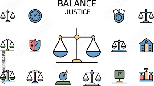 Various justice and law related icons including scales time and building arranged on a light background