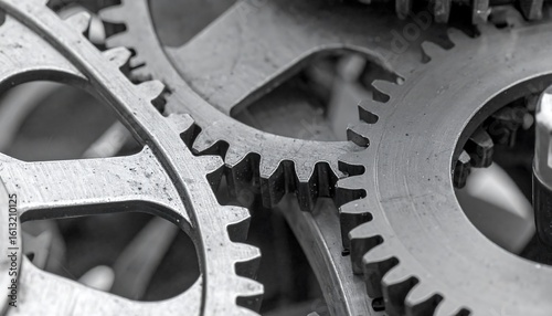 Gear wheels interlocking with detail, and black and white.