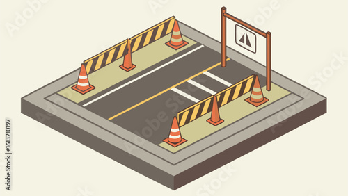 Isometric view of a road construction scene with cones barriers and a warning sign on a neutral surface