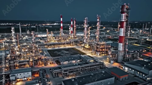 Nighttime Industrial Facility with Illuminated Refinery Equipment and Tall Chimneys