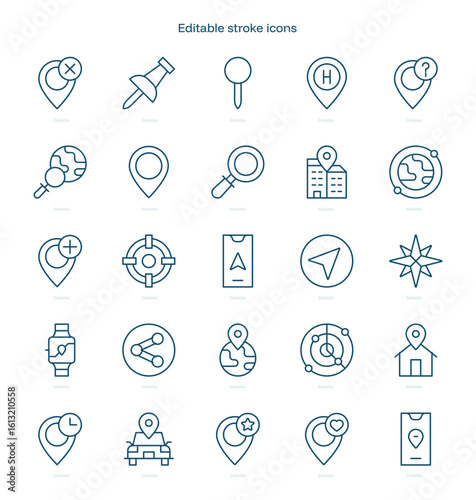 Location stroke icon. Location line icon set. editable stroke icon pack
