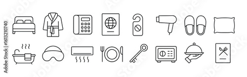 Hotel and Hospitality Line Art Icons: Modern Vector Set for Travel Accommodation, Guest Services, and Room Amenities