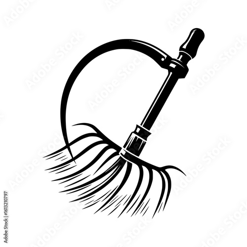 Vintage black and white illustration of a scythe and pitchfork