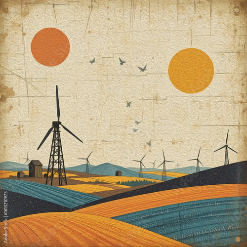 Windmill farm solar energy . Oil paint illustration.