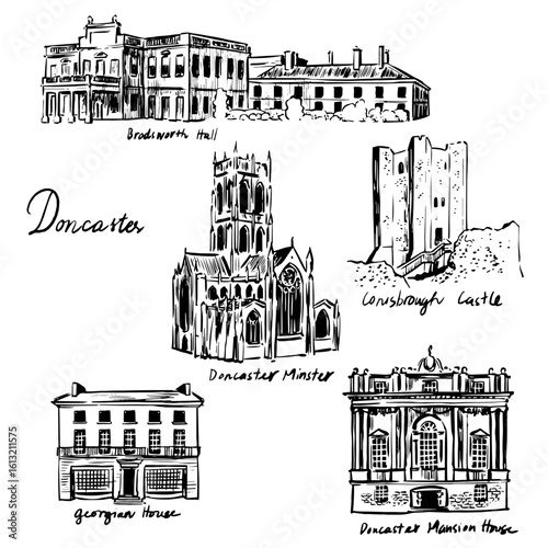 Hand-drawn black and white illustration of famous landmarks in Doncaster, UK – including Brodsworth Hall, Conisbrough Castle, Doncaster Minster, Mansion House, and a Georgian house.