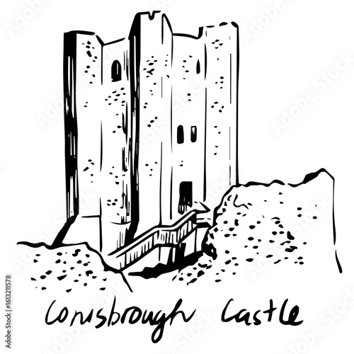 Line drawing of Conisbrough Castle, a medieval Norman fortress in Doncaster, Yorkshire, featuring a round keep and stronghold ruins in expressive hand-drawn black-and-white style.