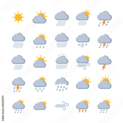 A collection of flat design weather icons depicting various atmospheric conditions, including sun, clouds, rain, snow, lightning, and wind.
