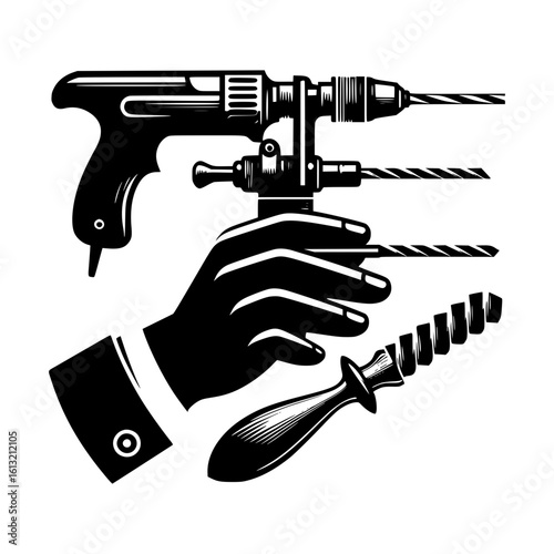 Vintage hand drill and awl held by a gloved hand