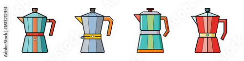 Vector Set of Mokka Coffee Pots Icons-Flat style illustration of four colorful Mokka coffee makers, great for kitchen, cafe, or coffee-related digital design concepts.