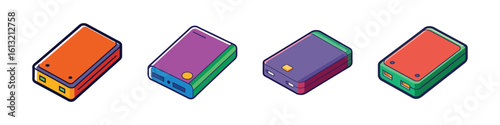 Colorful Power Bank and Portable Charger Icon Set-Set of four colorful isometric icons representing portable power banks and USB chargers, ideal for tech, gadgets, and mobile accessory themes.