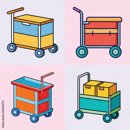 Set of Colorful Utility and Storage Cart Icons-Collection of four colorful vector icons depicting rolling utility carts with boxes, drawers, and handles, perfect for office or warehouse use.