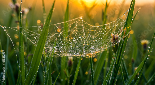 Morning dew covers a spider web nestled among tall grass at sunrise in a tranquil meadow