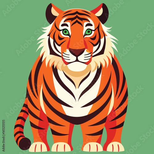 Stylized orange tiger with green eyes and black stripes on green background animal