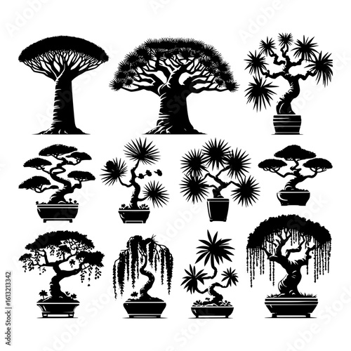 Collection of stylized black silhouette bonsai trees in pots