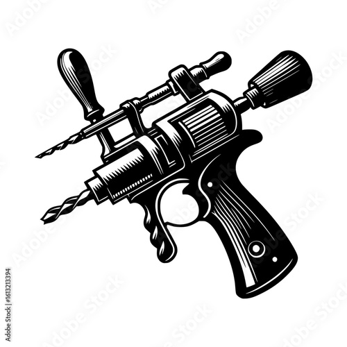 Vintage hand crank drill with two bits and screwdriver attachment